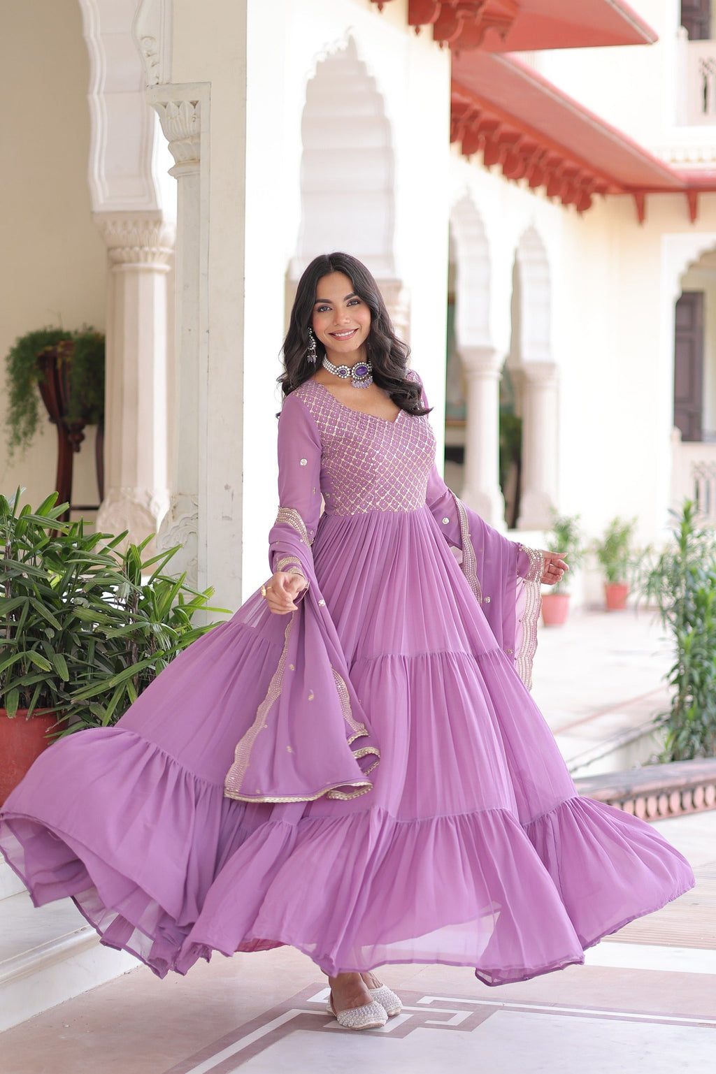 Evanik Onionpink Faux Georgette With Sequins & Zari Embroidered Work Gown Dupatta | Grocsy