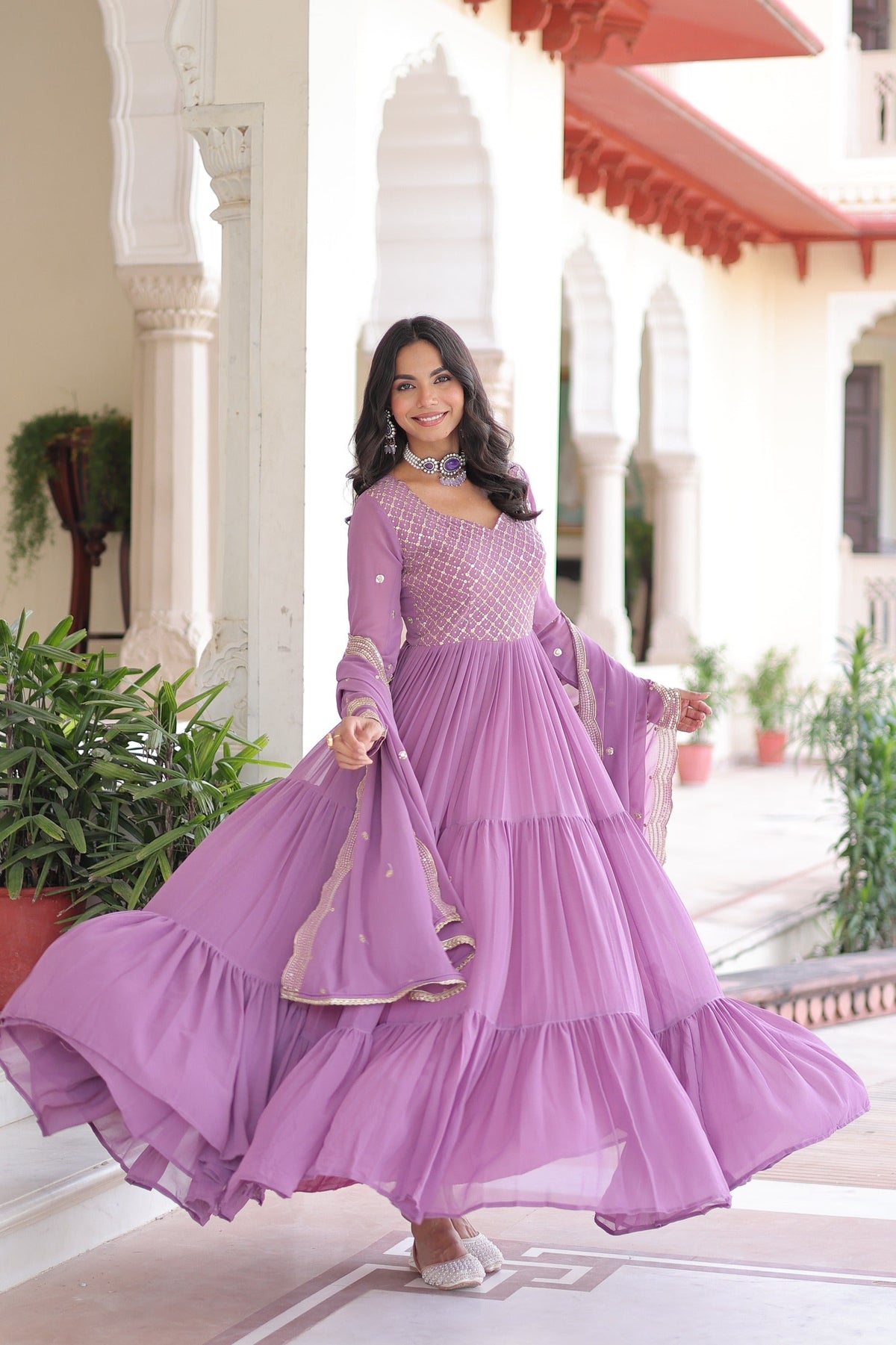 Evanik Onionpink Faux Georgette With Sequins & Zari Embroidered Work Gown Dupatta | Grocsy