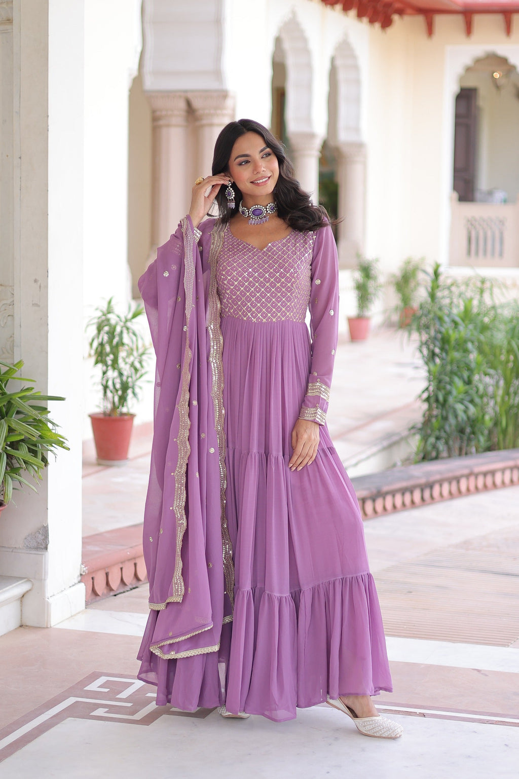 Evanik Onionpink Faux Georgette With Sequins & Zari Embroidered Work Gown Dupatta | Grocsy