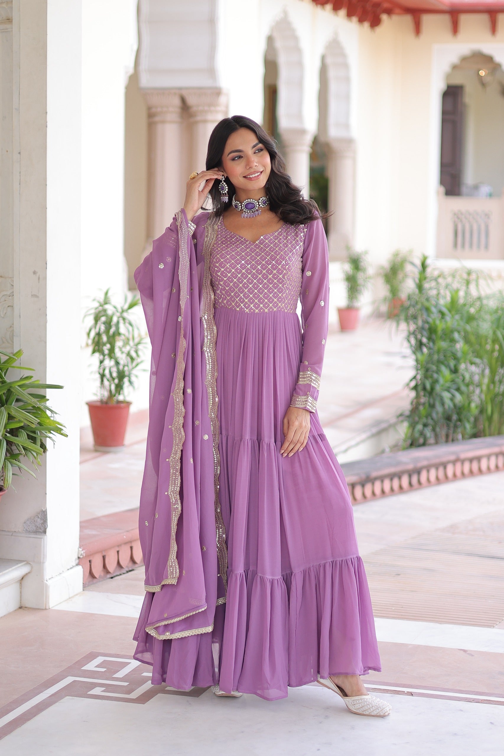 Evanik Onionpink Faux Georgette With Sequins & Zari Embroidered Work Gown Dupatta | Grocsy