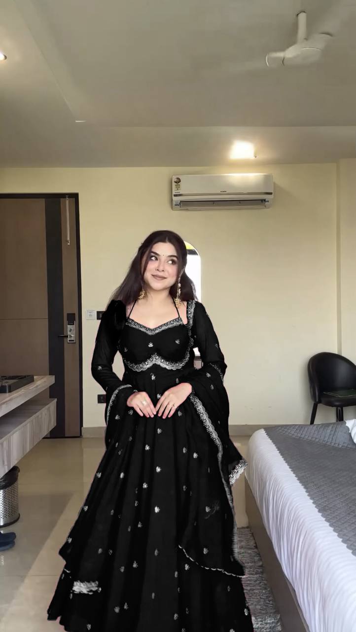 Evanik Black Faux Georgette With Embroidered Sequence Work Anarkali Suit | Grocsy
