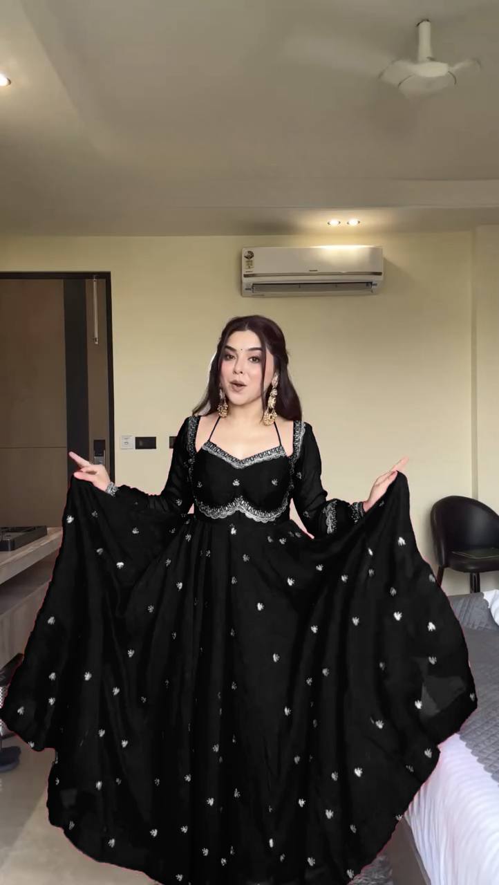 Evanik Black Faux Georgette With Embroidered Sequence Work Anarkali Suit | Grocsy