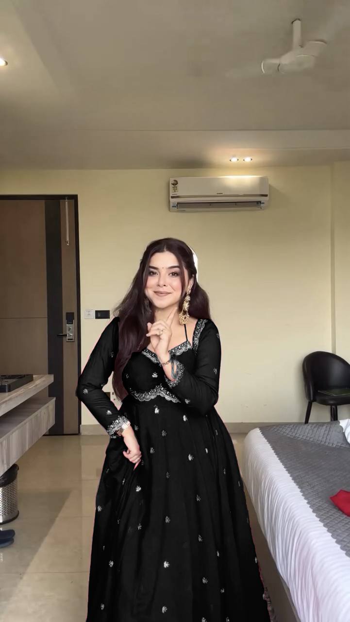 Evanik Black Faux Georgette With Embroidered Sequence Work Anarkali Suit | Grocsy