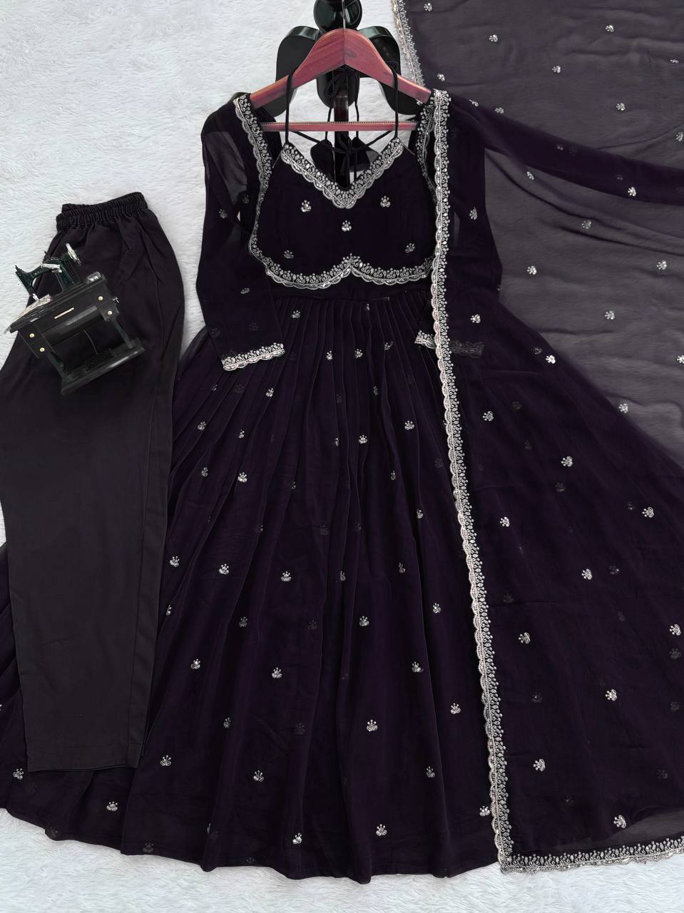 Evanik Black Faux Georgette With Embroidered Sequence Work Anarkali Suit | Grocsy