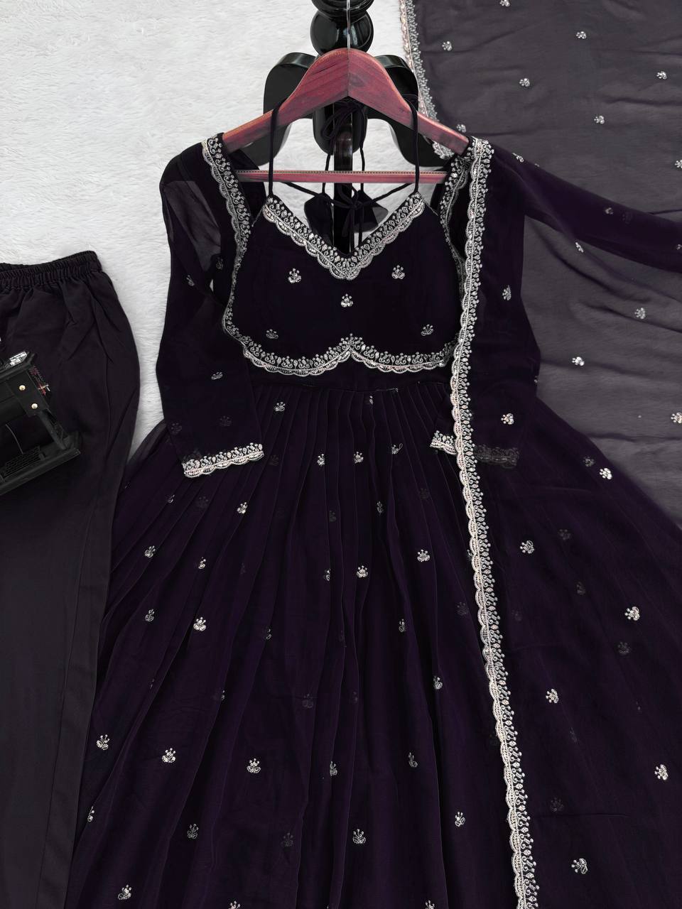 Evanik Black Faux Georgette With Embroidered Sequence Work Anarkali Suit | Grocsy