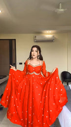 Evanik Orange Faux Georgette With Embroidered Sequence Work Anarkali Suit | Grocsy
