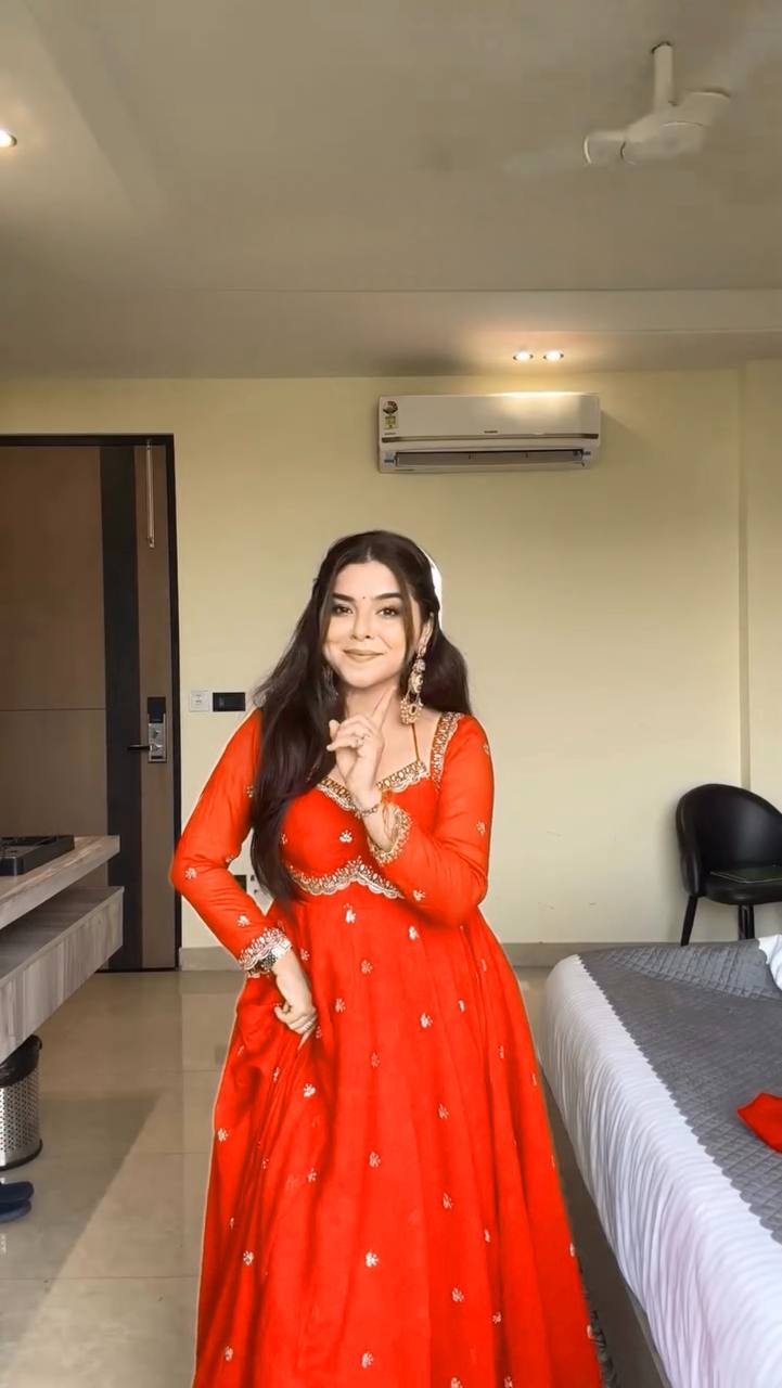 Evanik Orange Faux Georgette With Embroidered Sequence Work Anarkali Suit | Grocsy