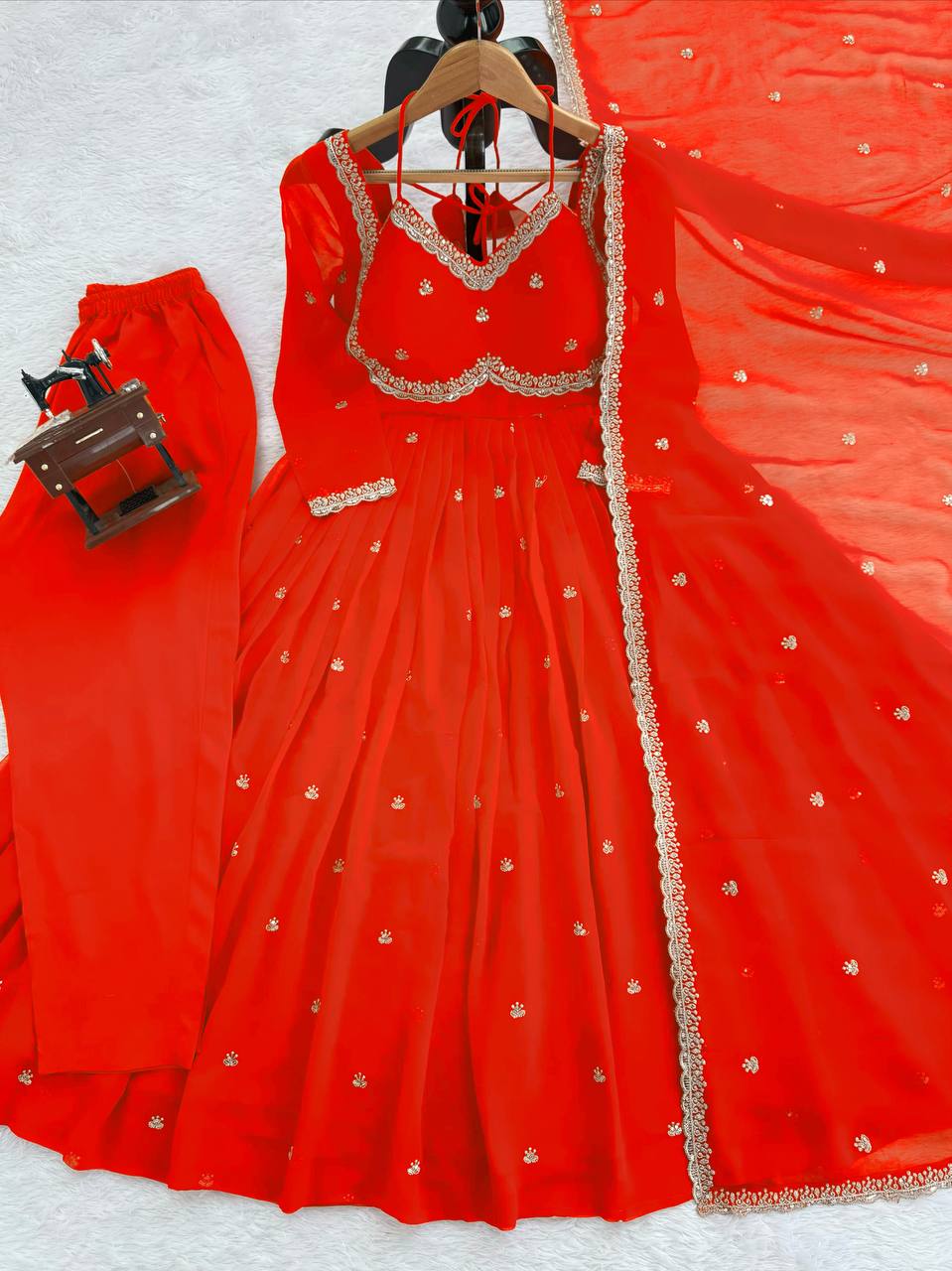 Evanik Orange Faux Georgette With Embroidered Sequence Work Anarkali Suit | Grocsy