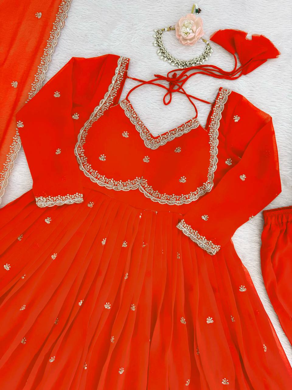 Evanik Orange Faux Georgette With Embroidered Sequence Work Anarkali Suit | Grocsy