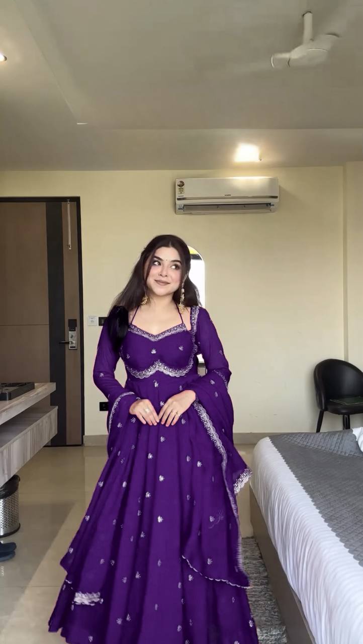 Evanik Purple Faux Georgette With Embroidered Sequence Work Anarkali Suit | Grocsy