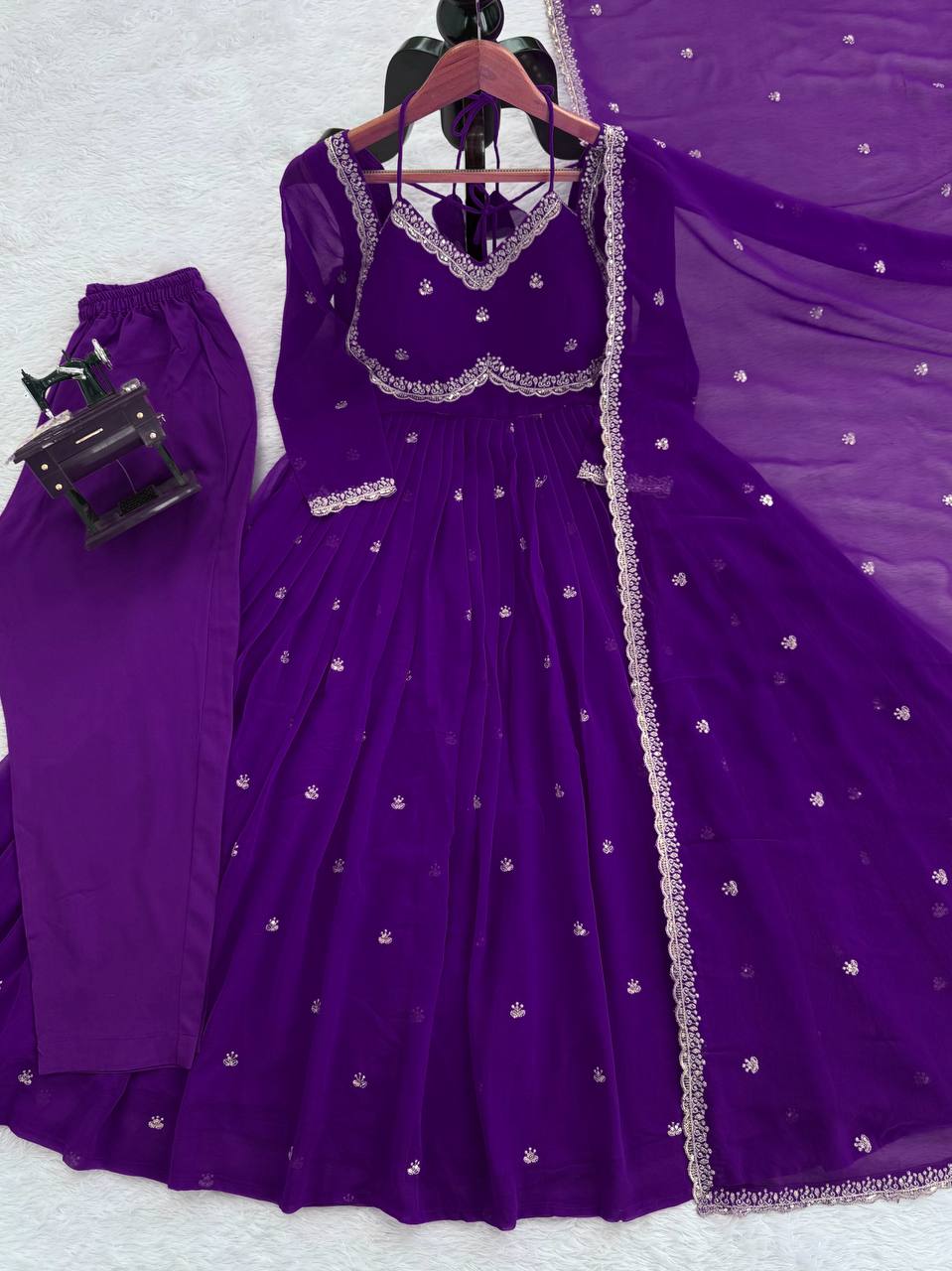 Evanik Purple Faux Georgette With Embroidered Sequence Work Anarkali Suit | Grocsy