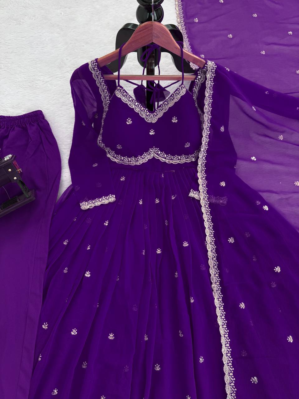 Evanik Purple Faux Georgette With Embroidered Sequence Work Anarkali Suit | Grocsy