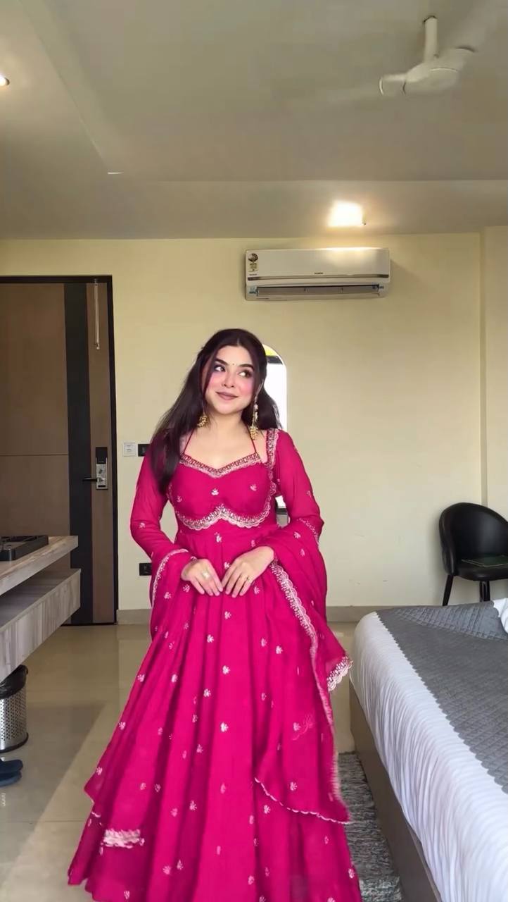 Evanik Ranipink Faux Georgette With Embroidered Sequence Work Anarkali Suit | Grocsy
