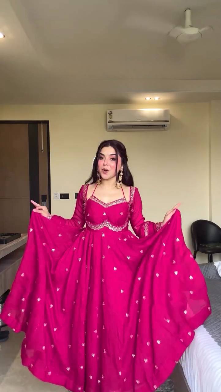Evanik Ranipink Faux Georgette With Embroidered Sequence Work Anarkali Suit | Grocsy