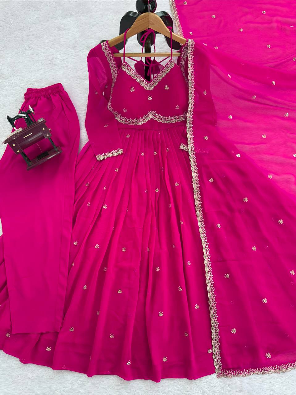 Evanik Ranipink Faux Georgette With Embroidered Sequence Work Anarkali Suit | Grocsy