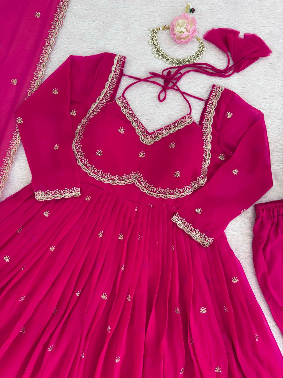 Evanik Ranipink Faux Georgette With Embroidered Sequence Work Anarkali Suit | Grocsy