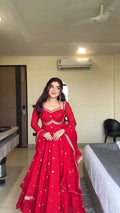 Evanik Red Faux Georgette With Embroidered Sequence Work Anarkali Suit | Grocsy