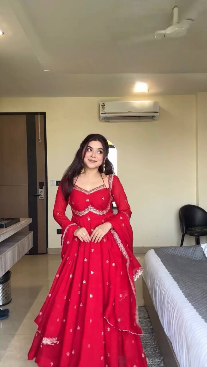Evanik Red Faux Georgette With Embroidered Sequence Work Anarkali Suit | Grocsy