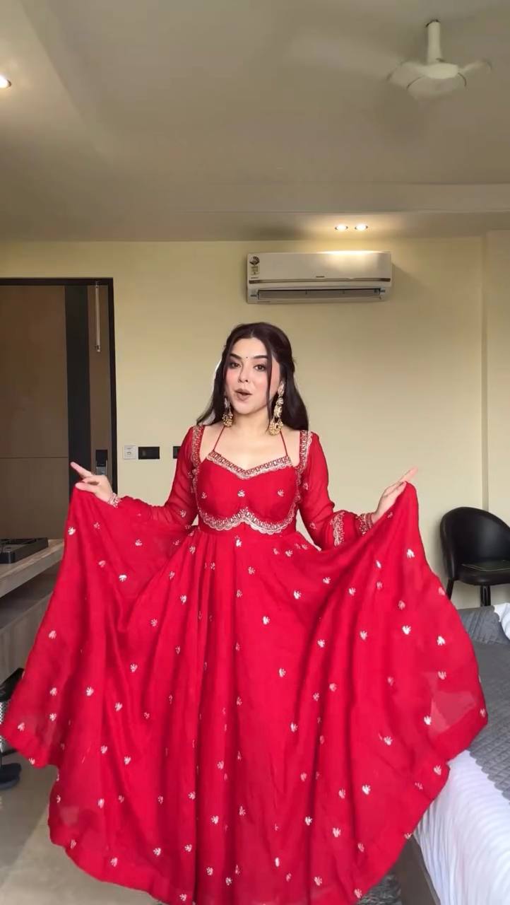 Evanik Red Faux Georgette With Embroidered Sequence Work Anarkali Suit | Grocsy