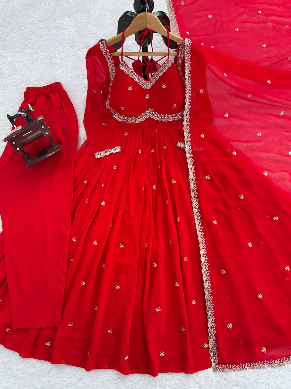 Evanik Red Faux Georgette With Embroidered Sequence Work Anarkali Suit | Grocsy