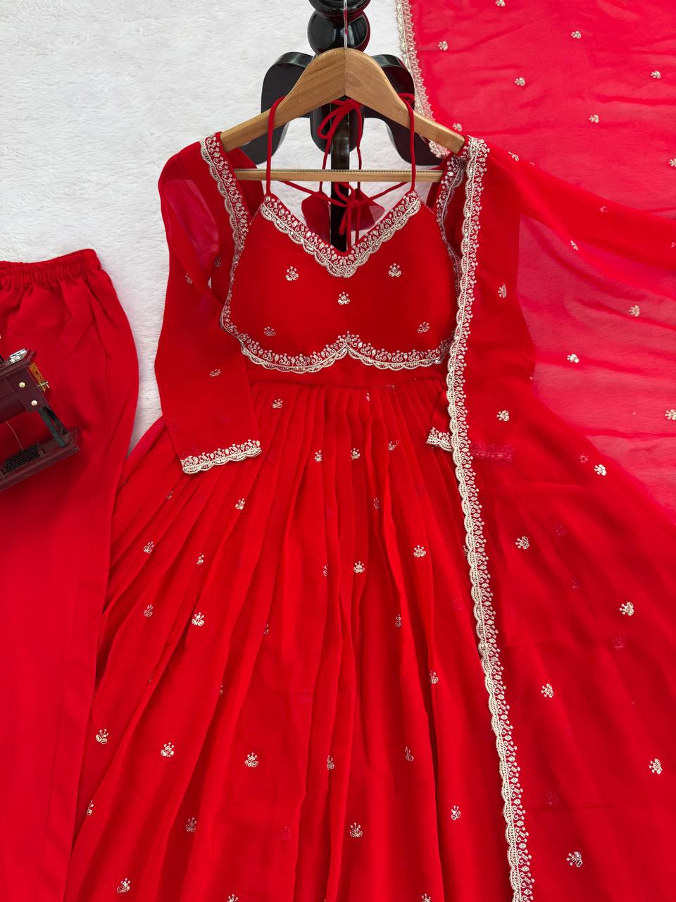 Evanik Red Faux Georgette With Embroidered Sequence Work Anarkali Suit | Grocsy