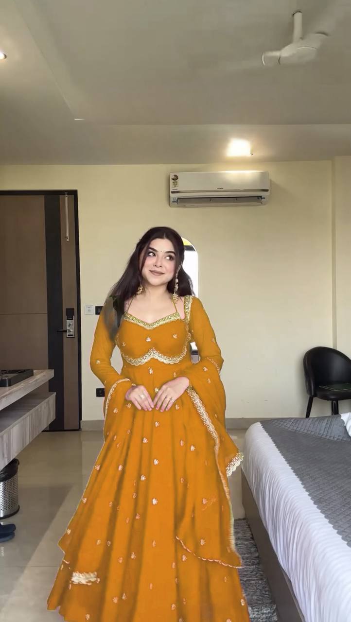 Evanik Yellow Faux Georgette With Embroidery Sequence Work Anarkali Suit | Grocsy