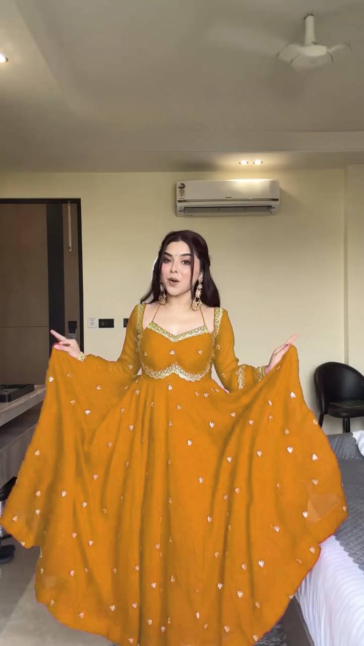 Evanik Yellow Faux Georgette With Embroidery Sequence Work Anarkali Suit | Grocsy