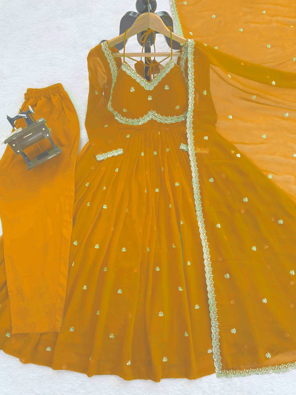 Evanik Yellow Faux Georgette With Embroidery Sequence Work Anarkali Suit | Grocsy