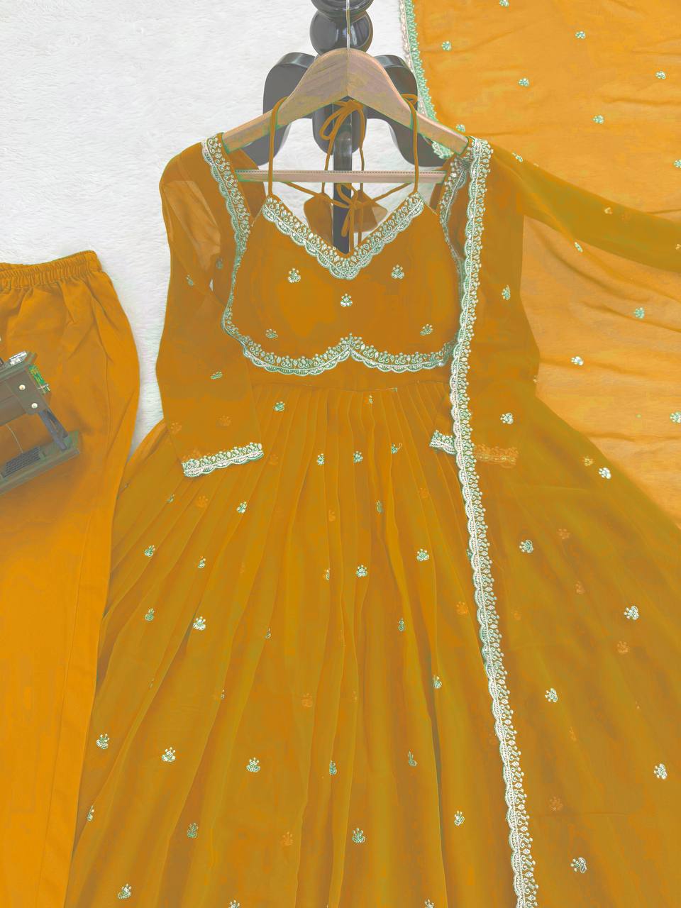 Evanik Yellow Faux Georgette With Embroidery Sequence Work Anarkali Suit | Grocsy