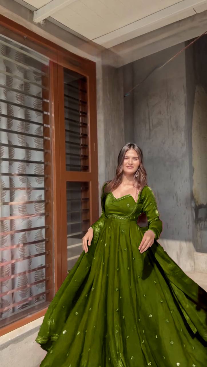 Evanik Green Fendi Silk With thread Sequence Work Anarkali Suit | Grocsy