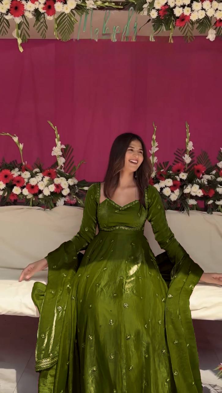 Evanik Green Fendi Silk With thread Sequence Work Anarkali Suit | Grocsy