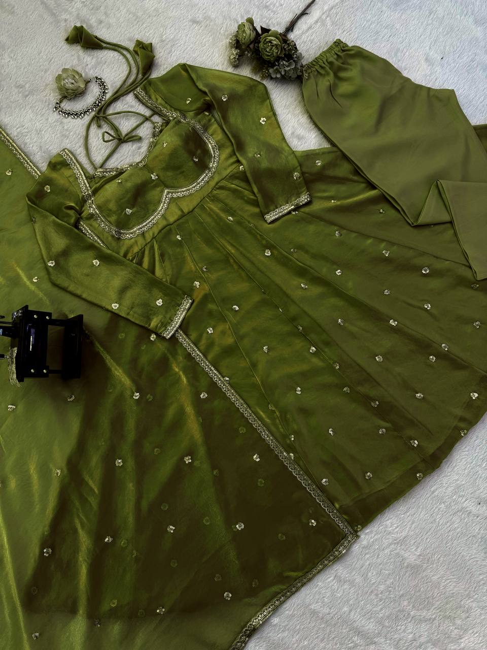 Evanik Green Fendi Silk With thread Sequence Work Anarkali Suit | Grocsy