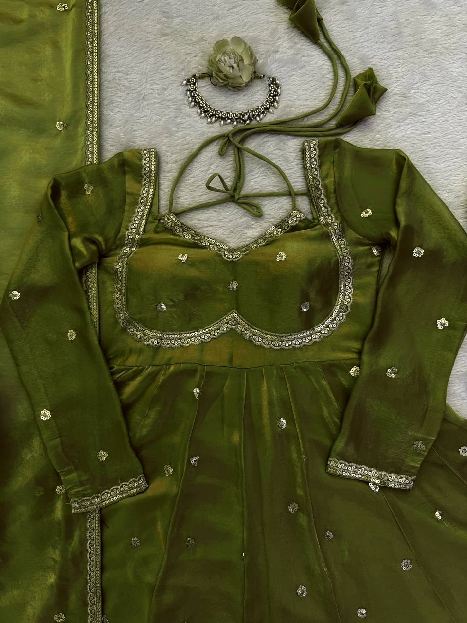 Evanik Green Fendi Silk With thread Sequence Work Anarkali Suit | Grocsy