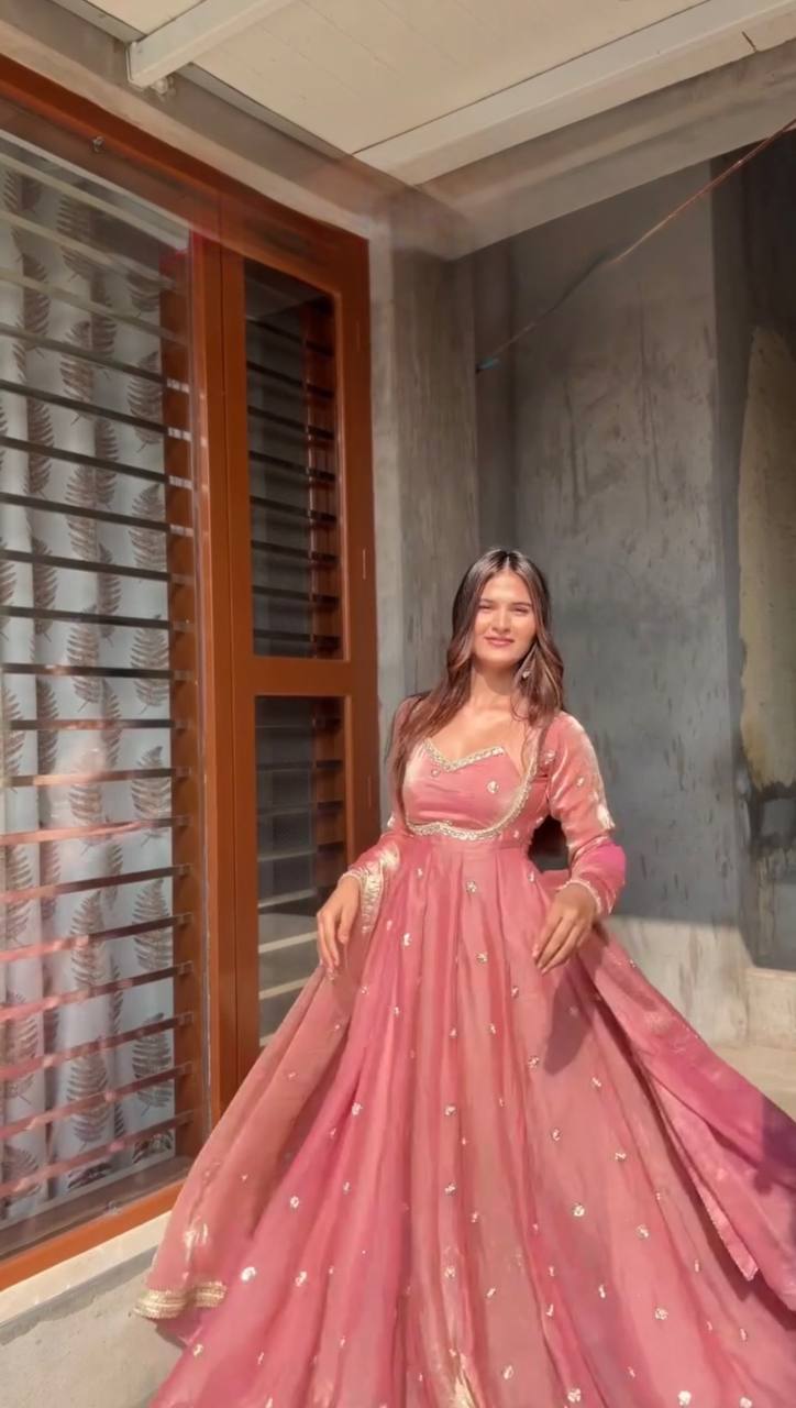 Evanik Pink Fendi Silk With thread Sequence Work Anarkali Suit | Grocsy