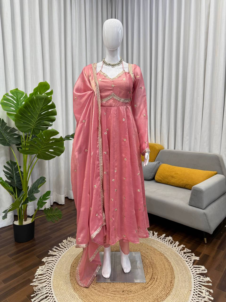 Evanik Pink Fendi Silk With thread Sequence Work Anarkali Suit | Grocsy