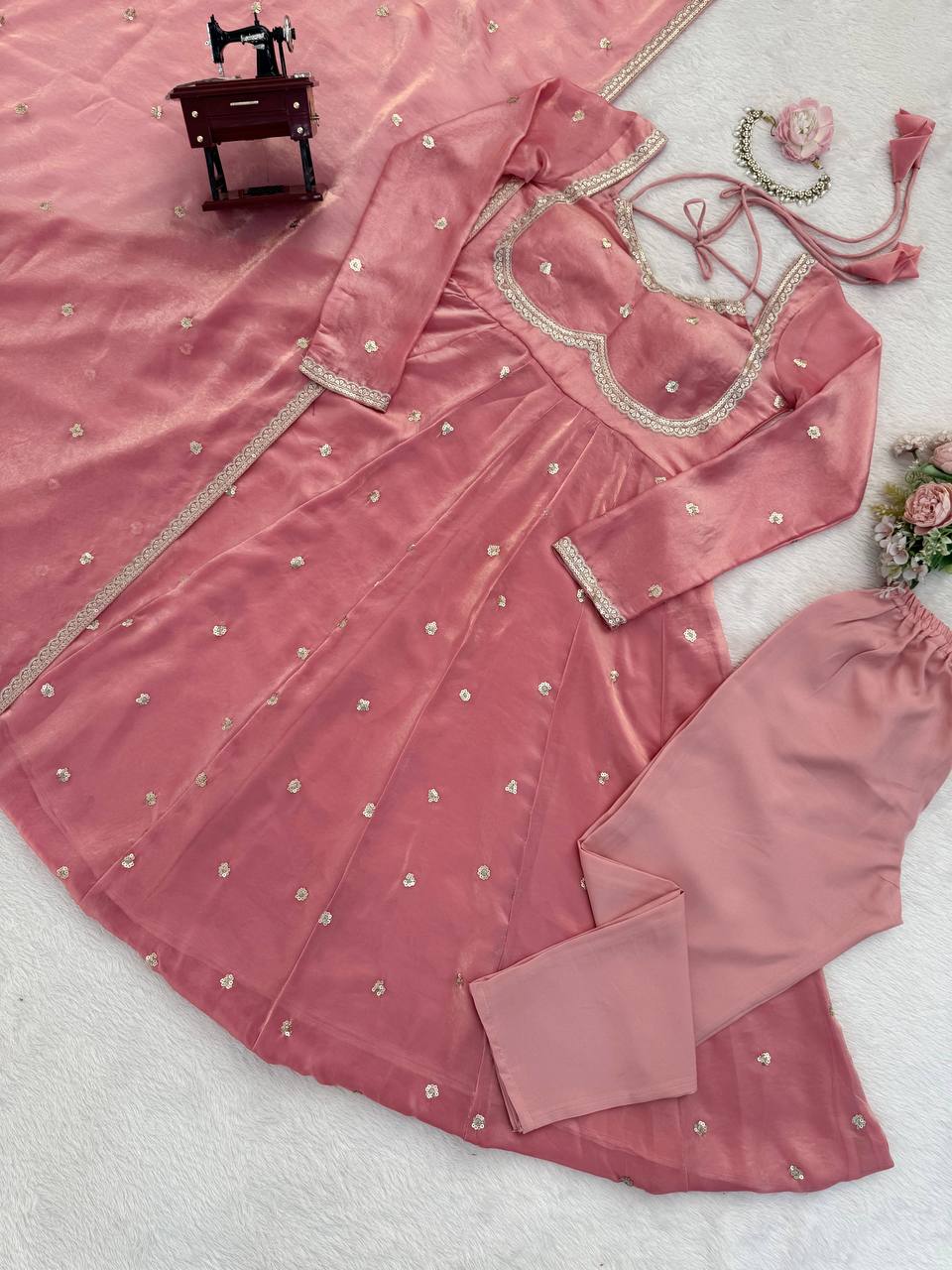 Evanik Pink Fendi Silk With thread Sequence Work Anarkali Suit | Grocsy