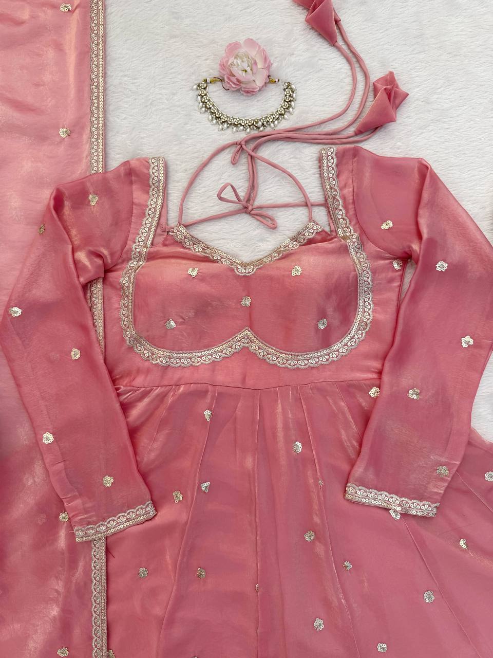Evanik Pink Fendi Silk With thread Sequence Work Anarkali Suit | Grocsy