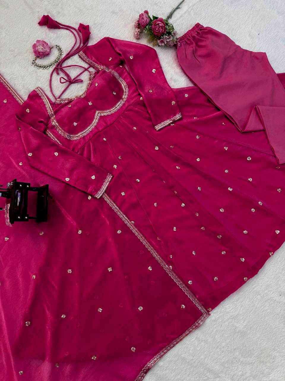 Evanik Ranipink Fendy Silk With thread Sequence Work Anarkali Suit | Grocsy