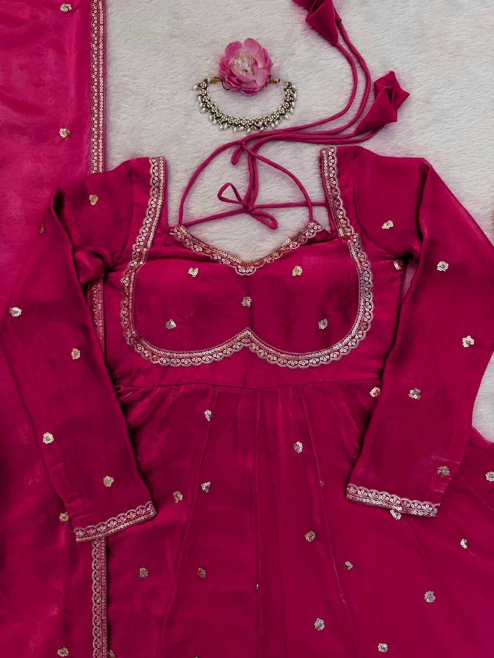 Evanik Ranipink Fendy Silk With thread Sequence Work Anarkali Suit | Grocsy