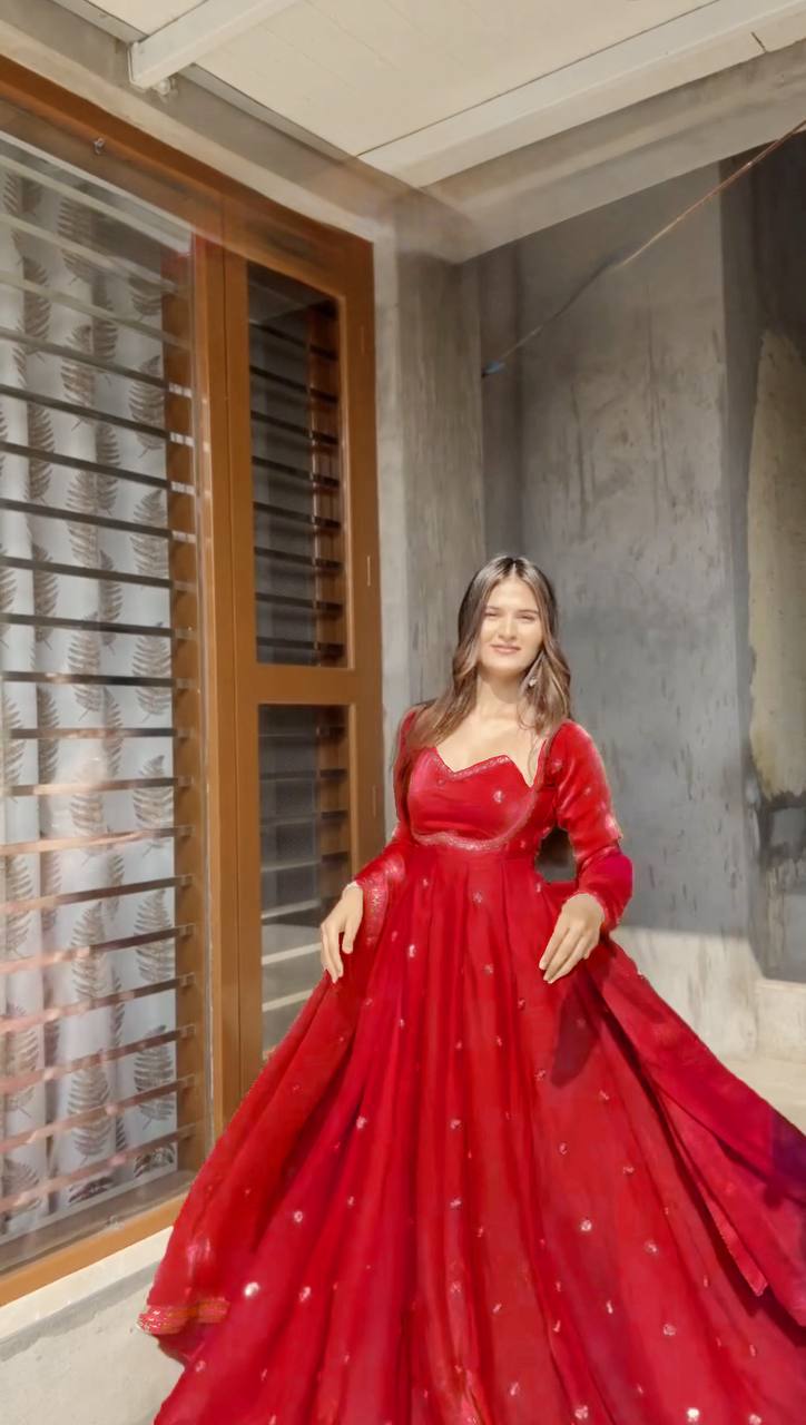 Evanik Red Fendi Silk With thread Sequence Work Anarkali Suit | Grocsy