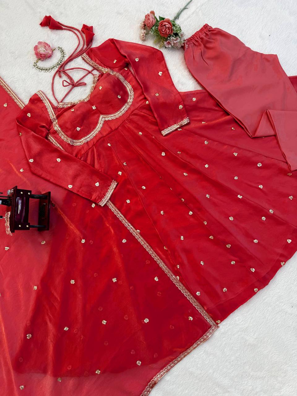 Evanik Red Fendi Silk With thread Sequence Work Anarkali Suit | Grocsy