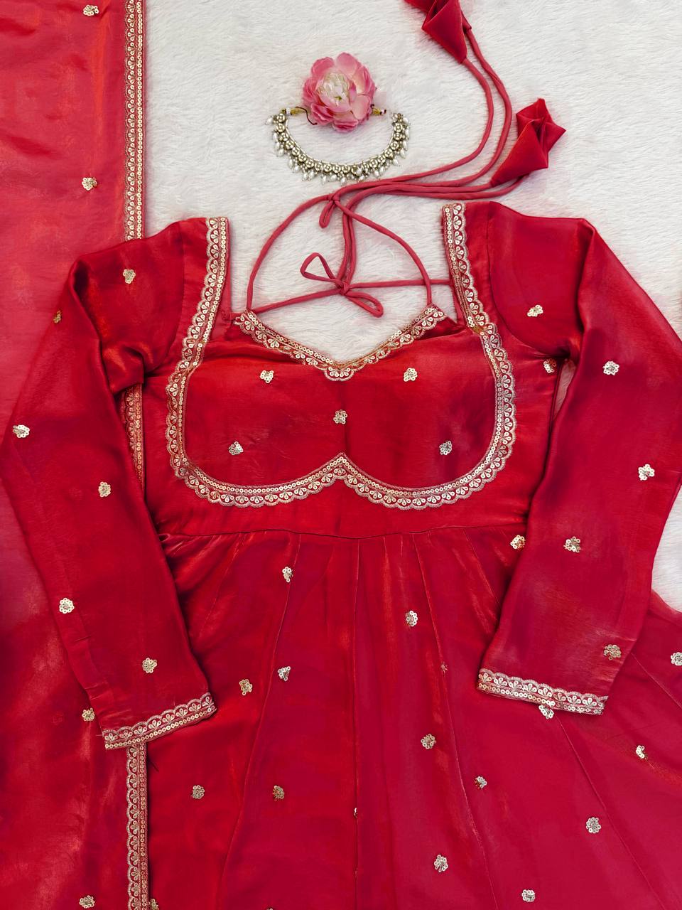 Evanik Red Fendi Silk With thread Sequence Work Anarkali Suit | Grocsy