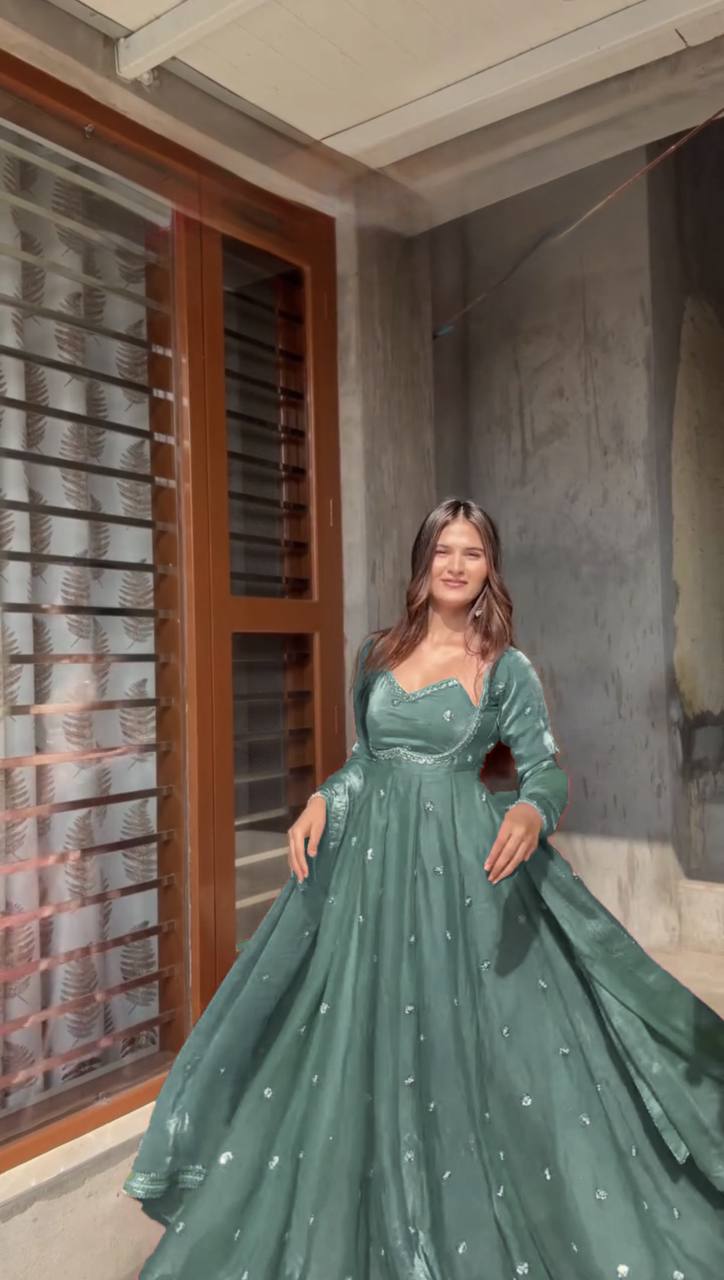 Evanik Seagreen Fendi Silk With thread Sequence Work Anarkali Suit | Grocsy