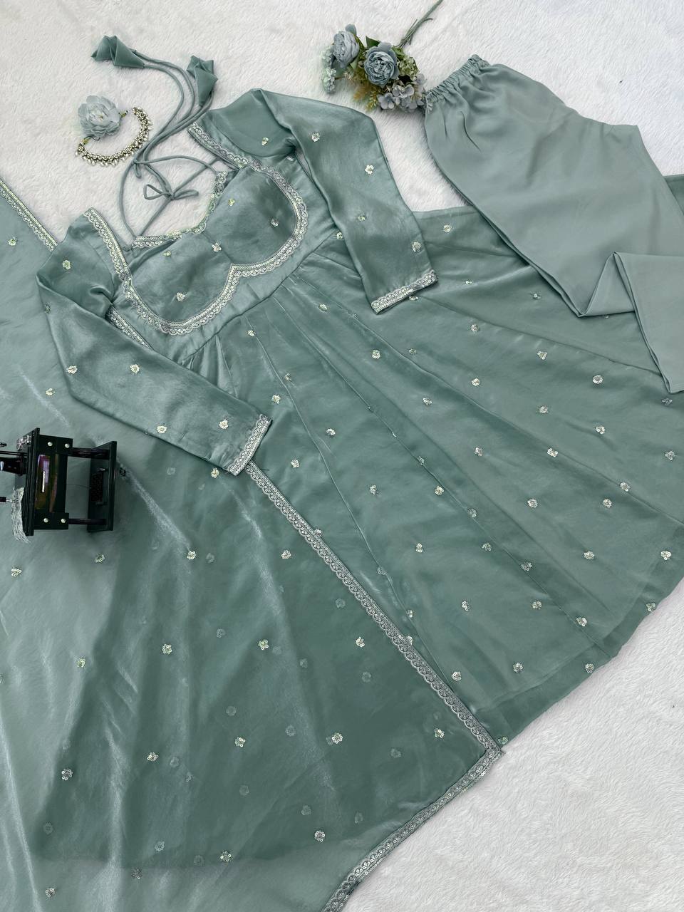 Evanik Seagreen Fendi Silk With thread Sequence Work Anarkali Suit | Grocsy
