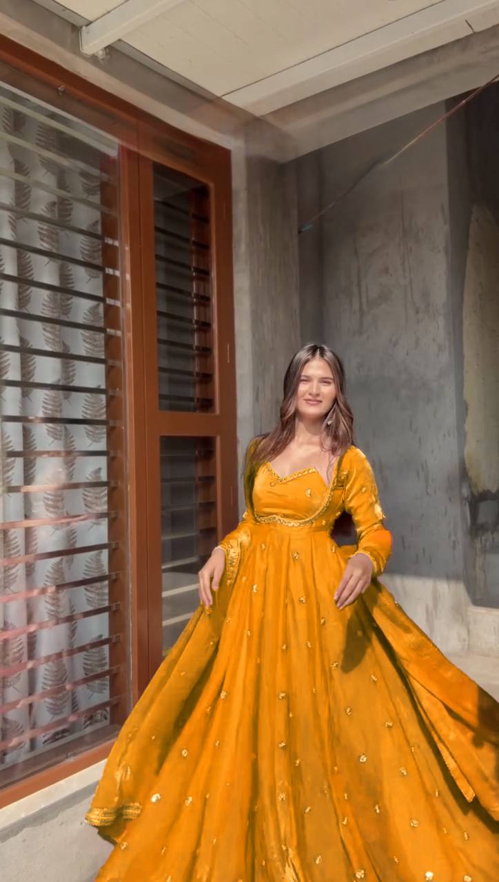 Evanik Yellow Fendi Silk With thread Sequence Work Anarkali Suit | Grocsy