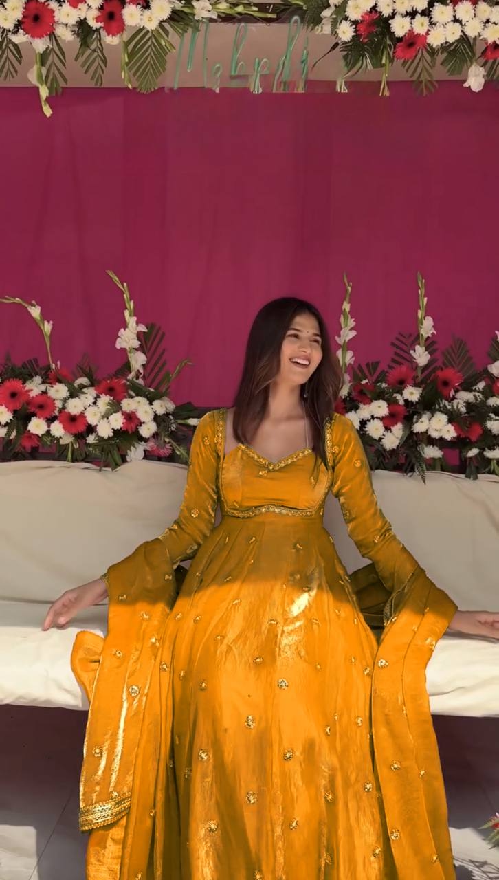 Evanik Yellow Fendi Silk With thread Sequence Work Anarkali Suit | Grocsy