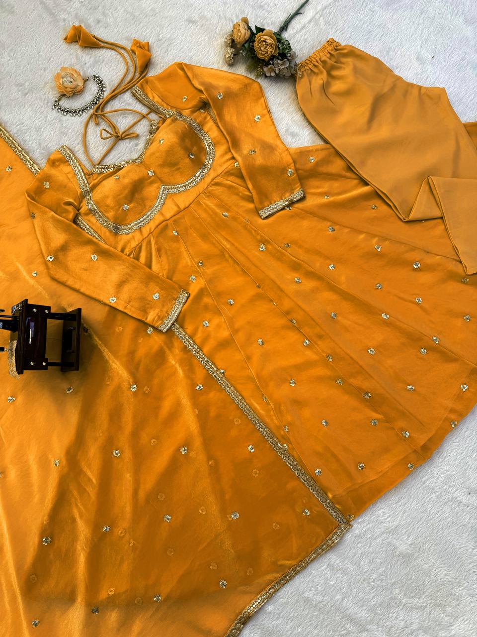 Evanik Yellow Fendi Silk With thread Sequence Work Anarkali Suit | Grocsy