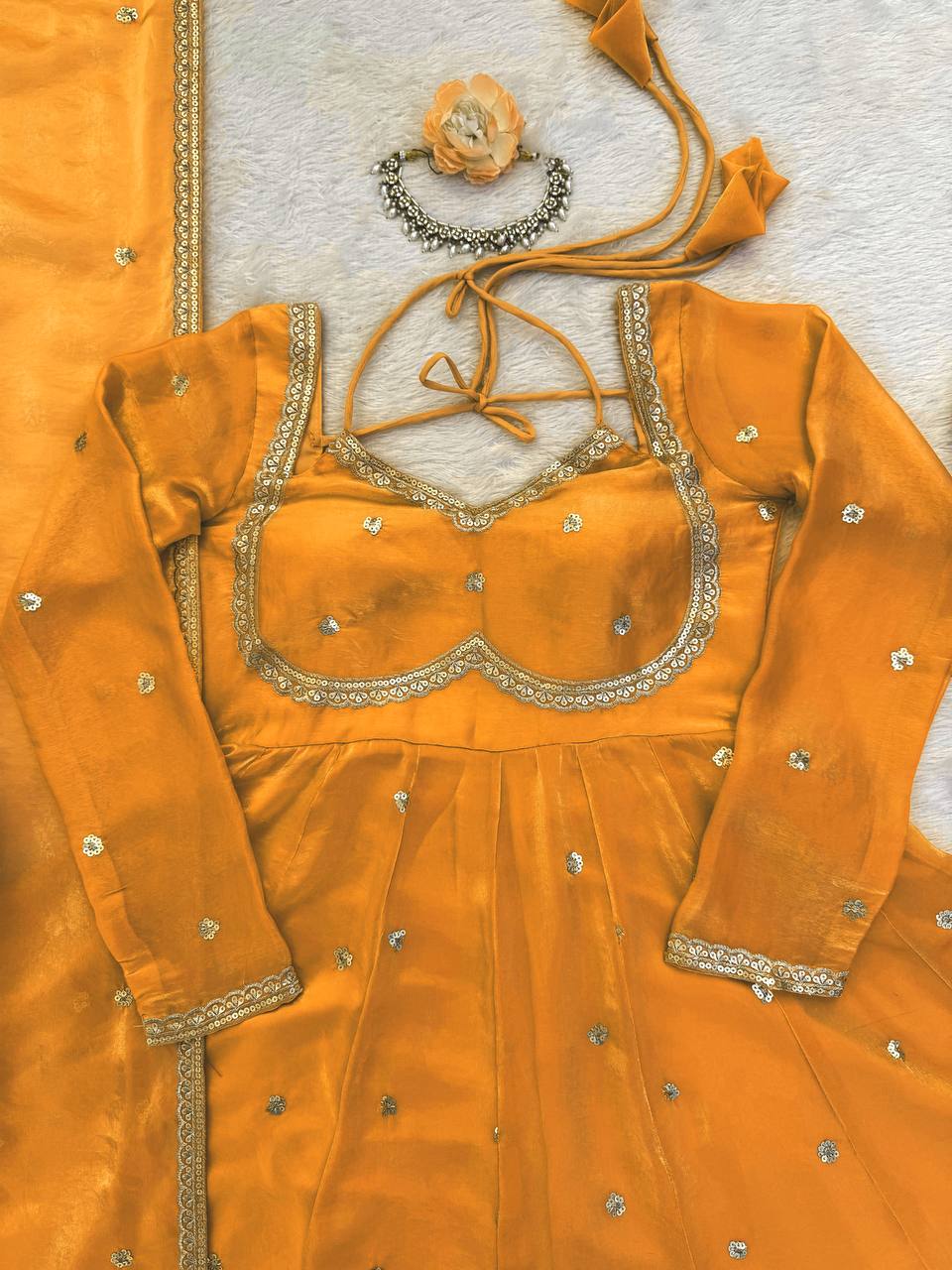 Evanik Yellow Fendi Silk With thread Sequence Work Anarkali Suit | Grocsy