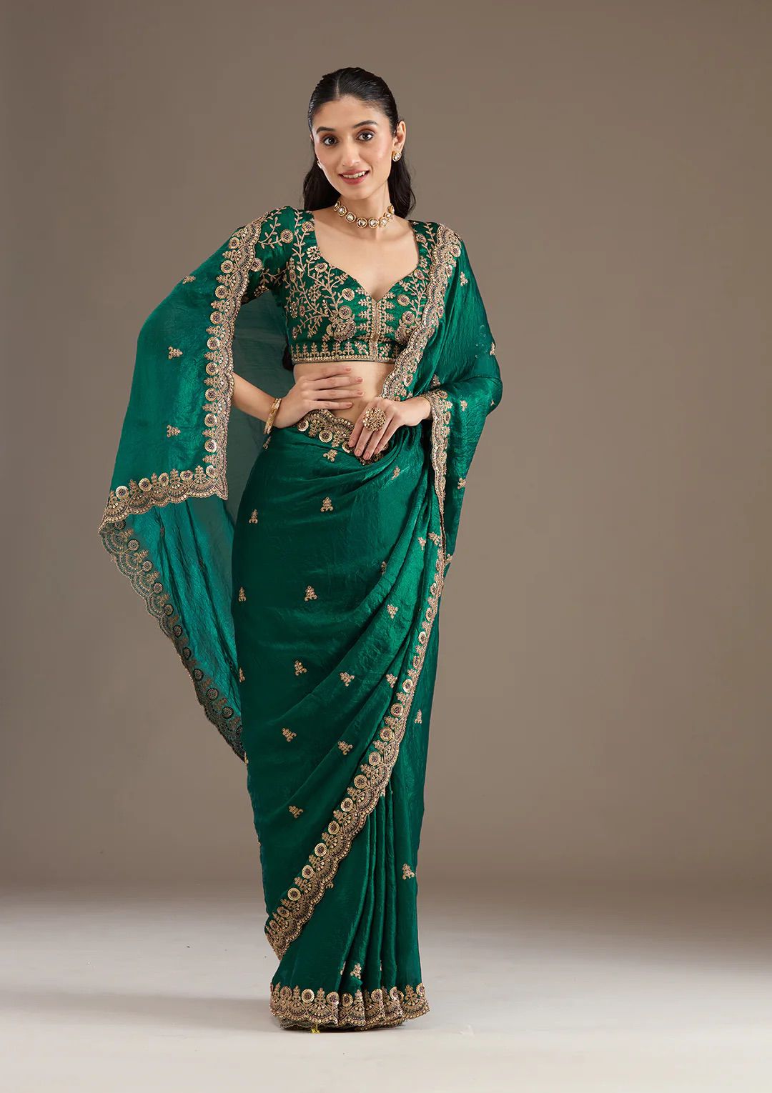 Evanik Green Fendy Satin Silk With Sequence Work Saree With Unstitched Blouse | Grocsy