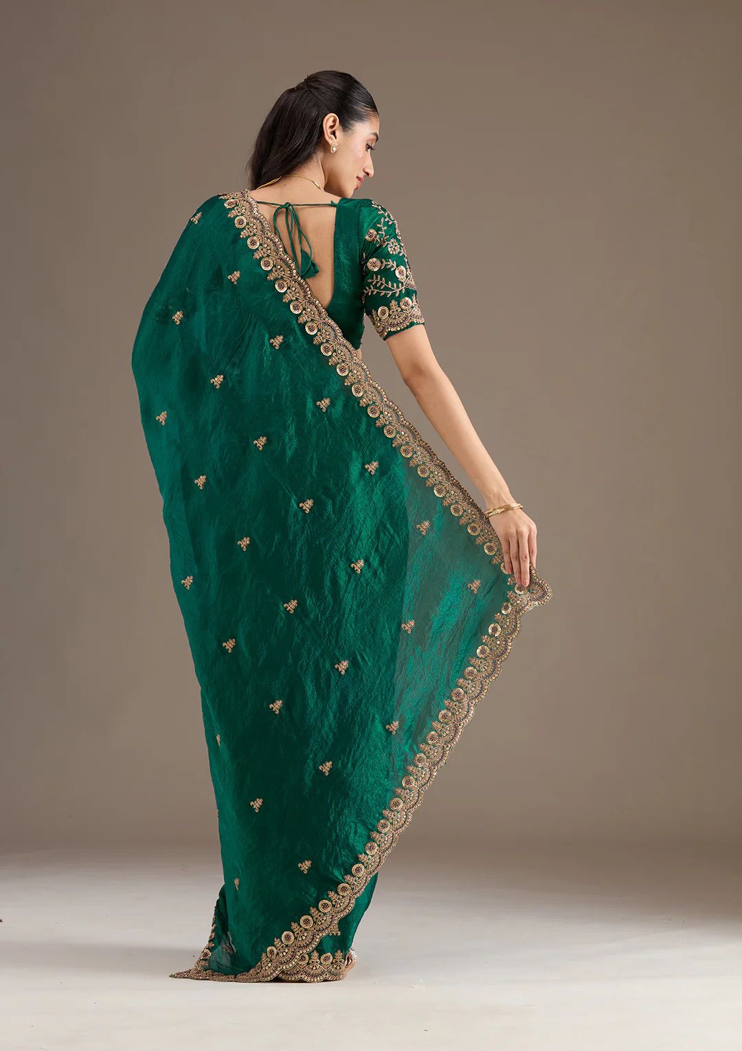 Evanik Green Fendy Satin Silk With Sequence Work Saree With Unstitched Blouse | Grocsy